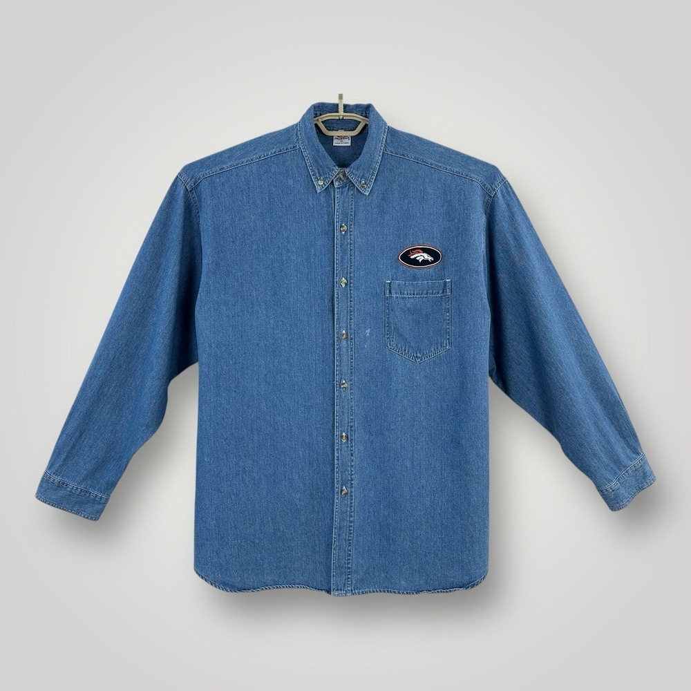 Vintage Denver Broncos Denim Shirt Mens XL True Fan Long Sleeve NFL Button Up